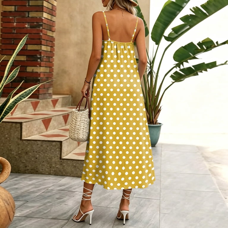 flowy slip dress Womens Polka Dot Cami Dress, Lightweight Long Dress, Elegant French Retro Style Beach Vacation Loungewear, S-2XL style:Shift