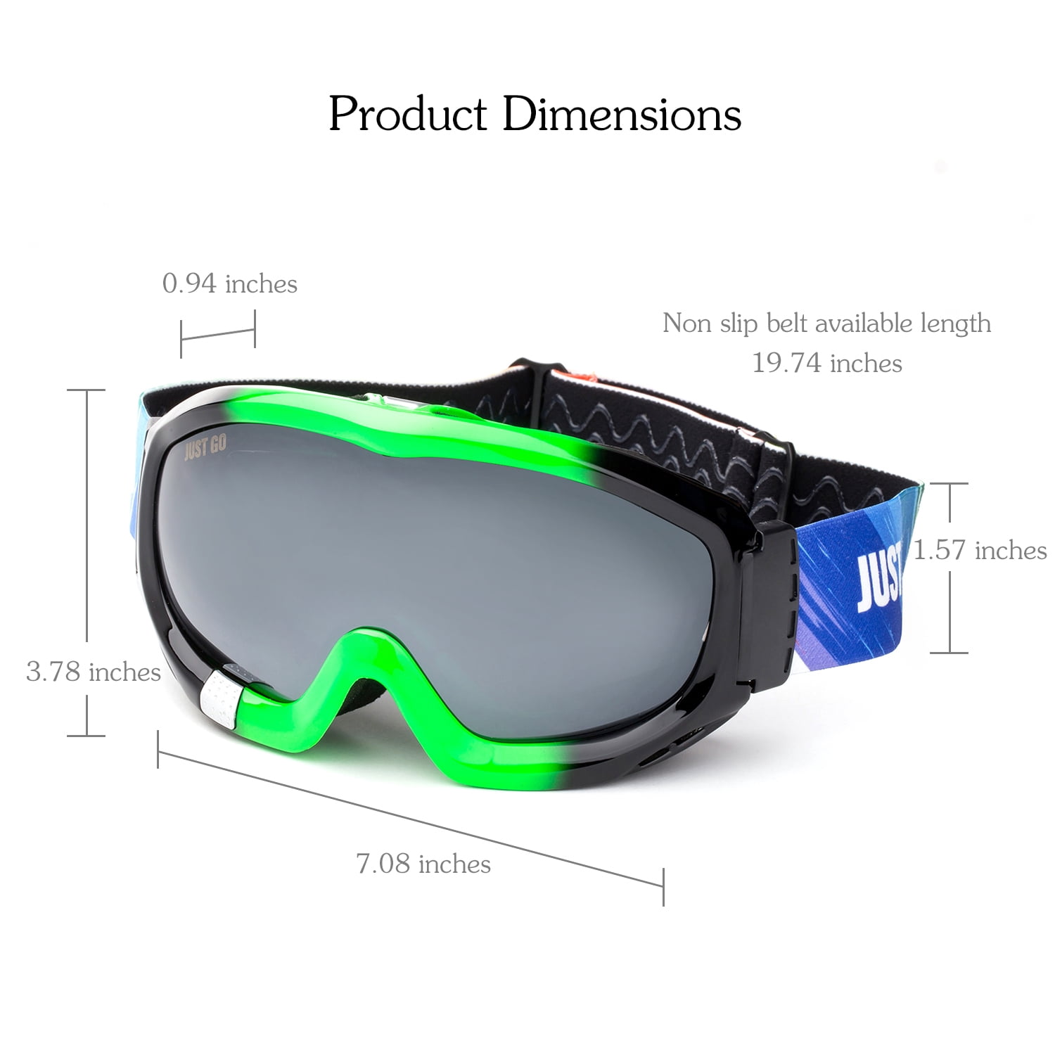 JUST GO Ski Goggles for Skiing Motorcycling and Winter Sports Dual-Layer Anti-Fog 100% UV Protection lens Snowboard Goggles fit Men, Women and Youth, Black and Green Frame/Gray Lens (VLT 20.2%)