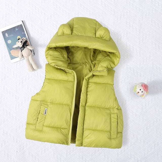 RXIRUCGD Children's Solid Color Thick Hooded Pocket Sleeveless Jacket( Green, Size:4 Years )