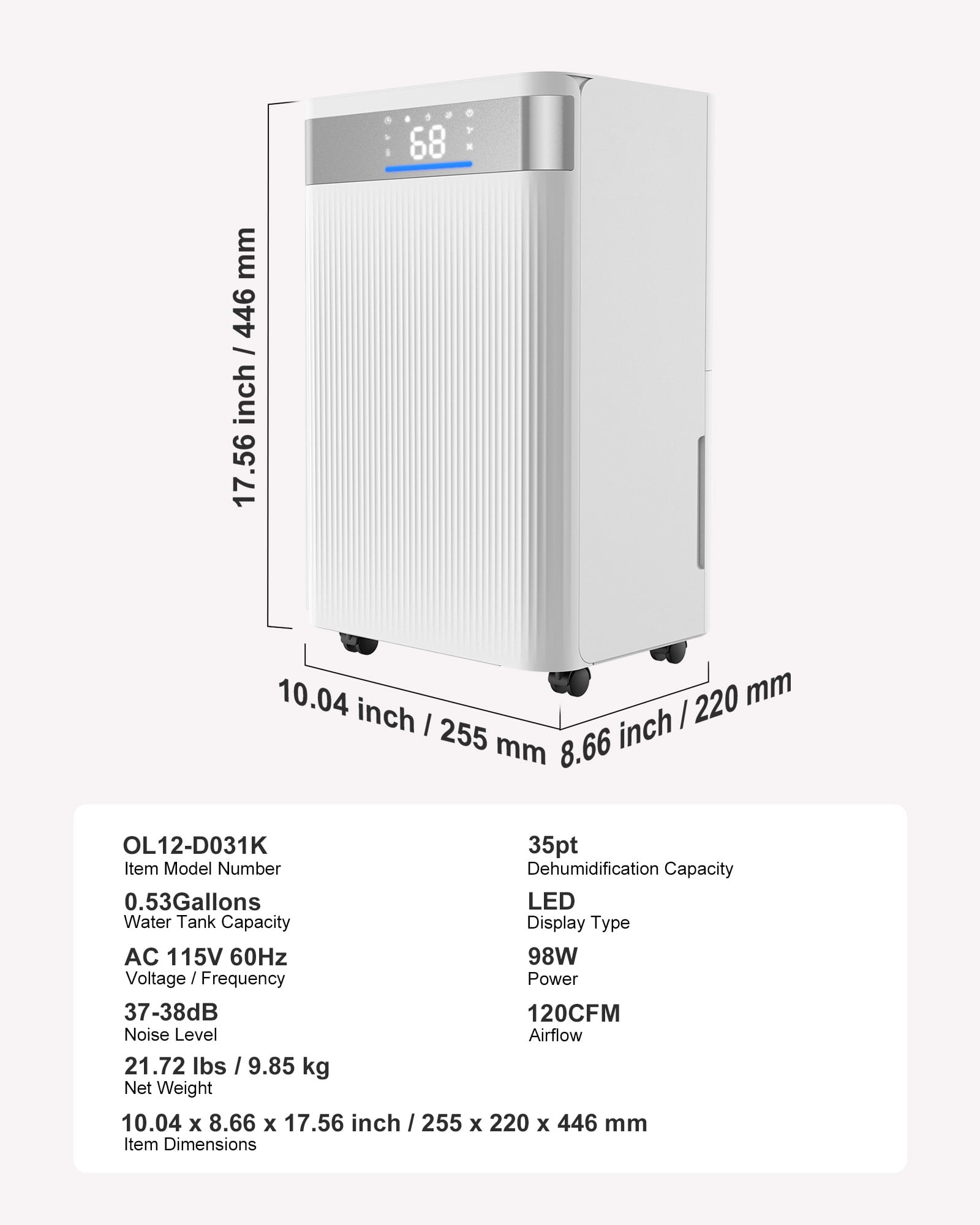 VEVOR 35 Pints Dehumidifier for Home & Basement, Drain Hose for Commercial & Industrial Use, Smart Humidity Control, Low Noise for Large Rooms, Warehouses, Bedrooms & Storage, Large Coverage,White