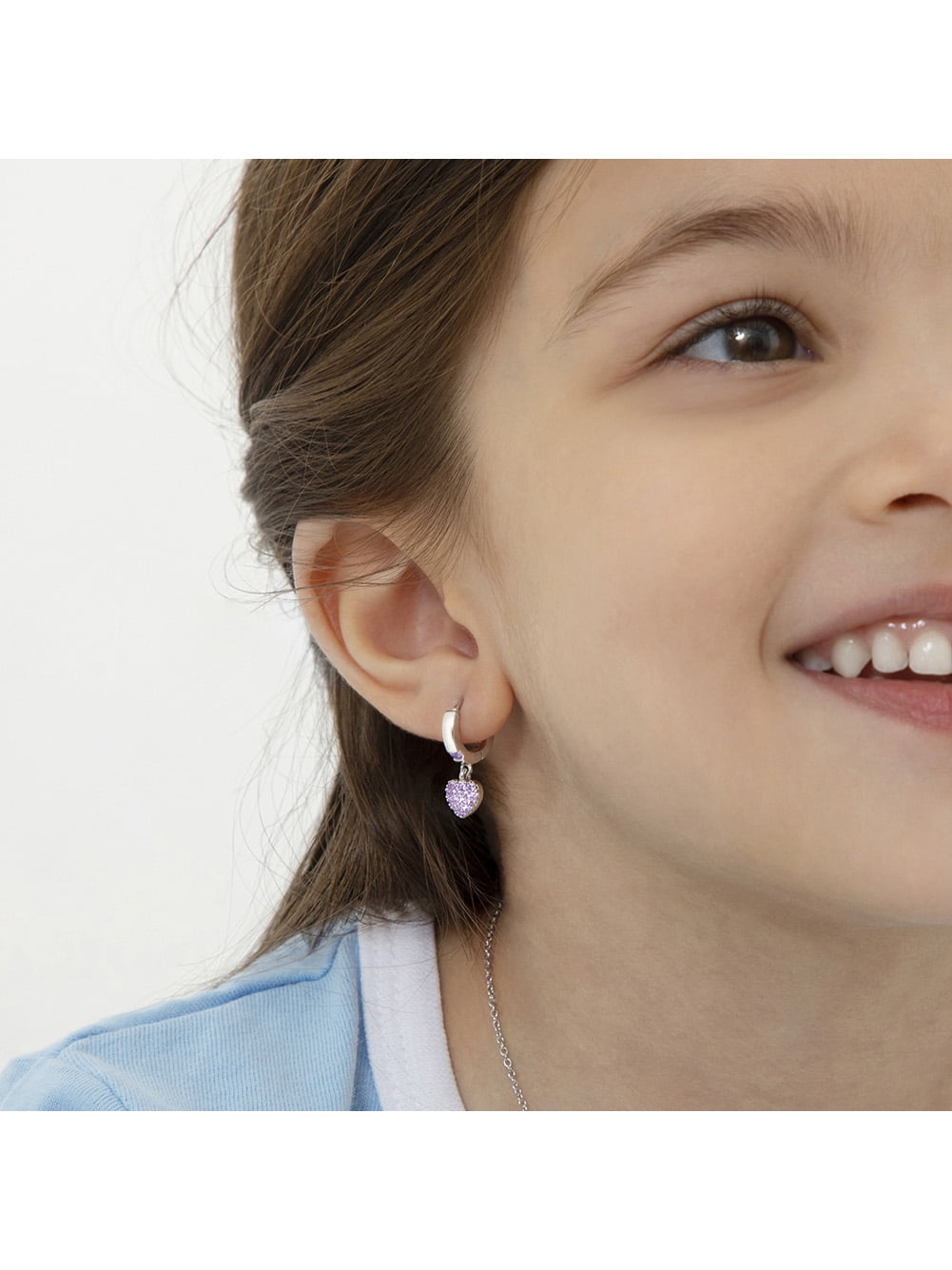 925 Sterling Silver Girls Small Hoop Purple CZ Heart Dangle Earrings Toddler