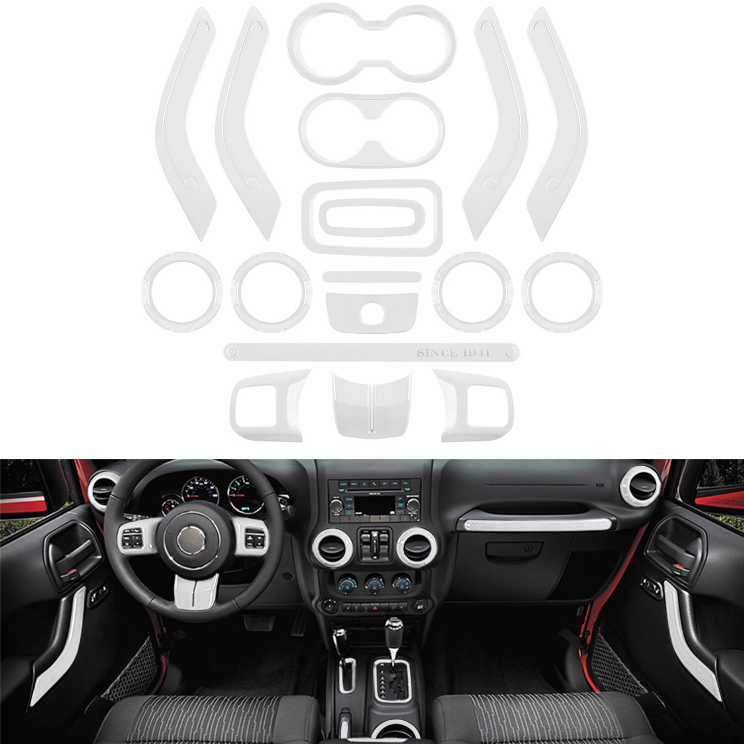 18 PCS Full Set Interior Decoration Trim Kit Steering Wheel Center Console  Door Handle Air Conditioning Vent Cup Holder Gear Cover Trim for Jeep  Wrangler JK JKU 2011-2018 4-Door (White) 