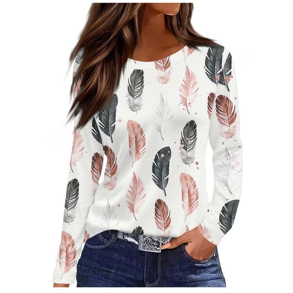 lcziwo Womens Long Sleeve Blouse Formal O-Neck Shirts Feather Print Basic Sweatshirts Casual Hide Belly Pullover Tunic Top Clearance White
