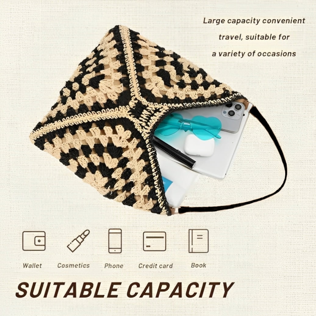 Women Woven Beach Bag Handbag Large Casual Straw Shoulder Bags Travel Straw Buckets(Black)
