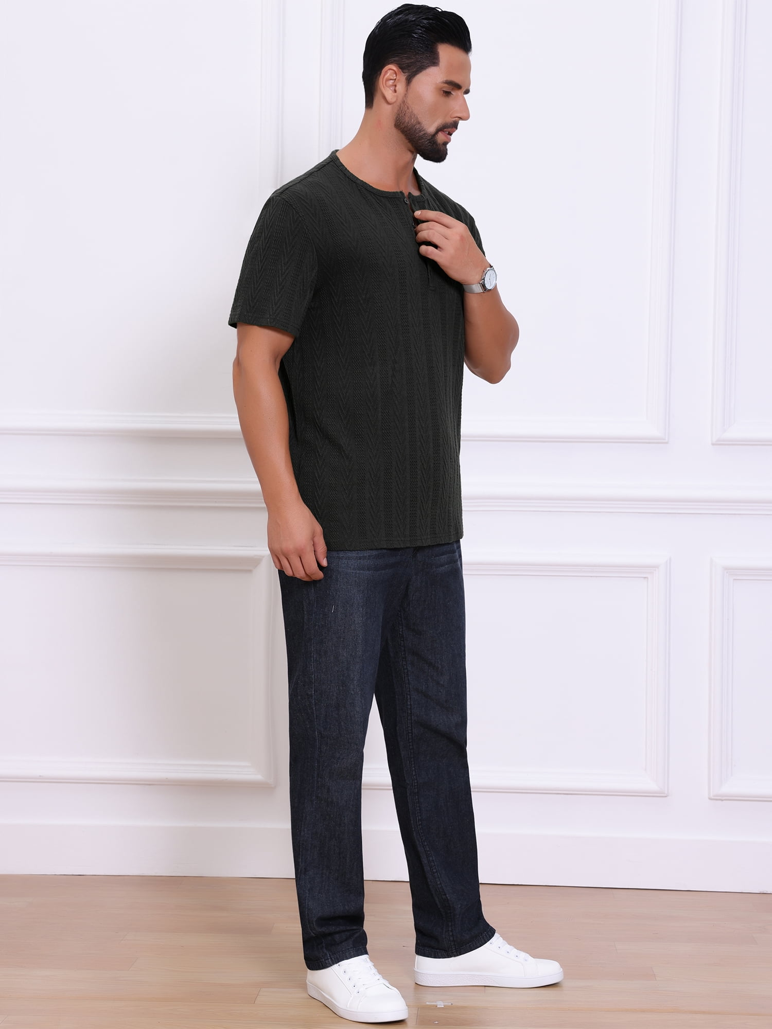 DARING DIVA Men's Henley Short Sleeve Button Down Jacquard Knitted T-Shirt M Black
