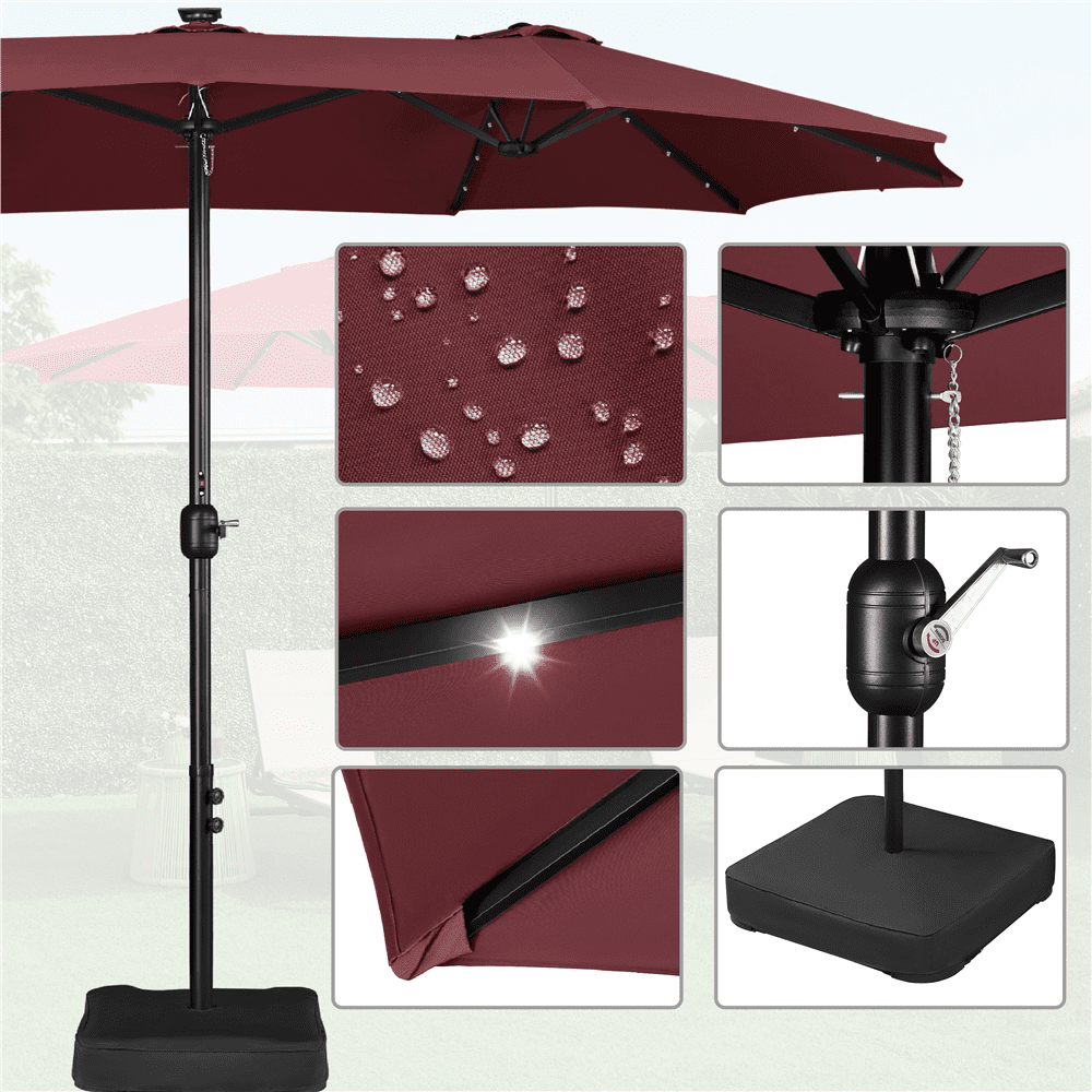 Renwick 15 ft Twin Patio Parasol Umbrella with Base & LED Lights, Burgundy