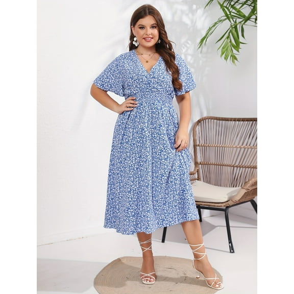 [Plus Size, Elegant Floral Dress] Elegant Plus Size Floral V-Neck Dress - Short Sleeve, A-Line, Machine Washable, Polyester, Comfortable Daily Wear & Travel