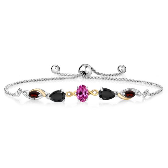 Gem Stone King 925 Silver and 10K Yellow Gold Pink Created Sapphire Black Onyx Red Garnet and Lab Grown Diamond Tennis Bracelet for Women By Keren Hanan (1.62 cttw, Adjustable up To 9 inch)