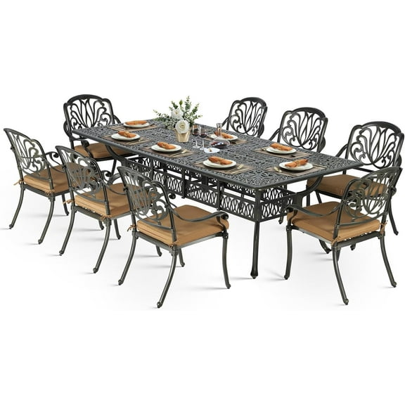 VIVIJASON 9-Piece Outdoor Dining Set, All Weather Cast Aluminum Retro Patio Furniture Table and Chairs Set for 8, Include 94.5" Rectangular Dining Table and 8 Chairs with Umbrella Hole, Khaki Cushion