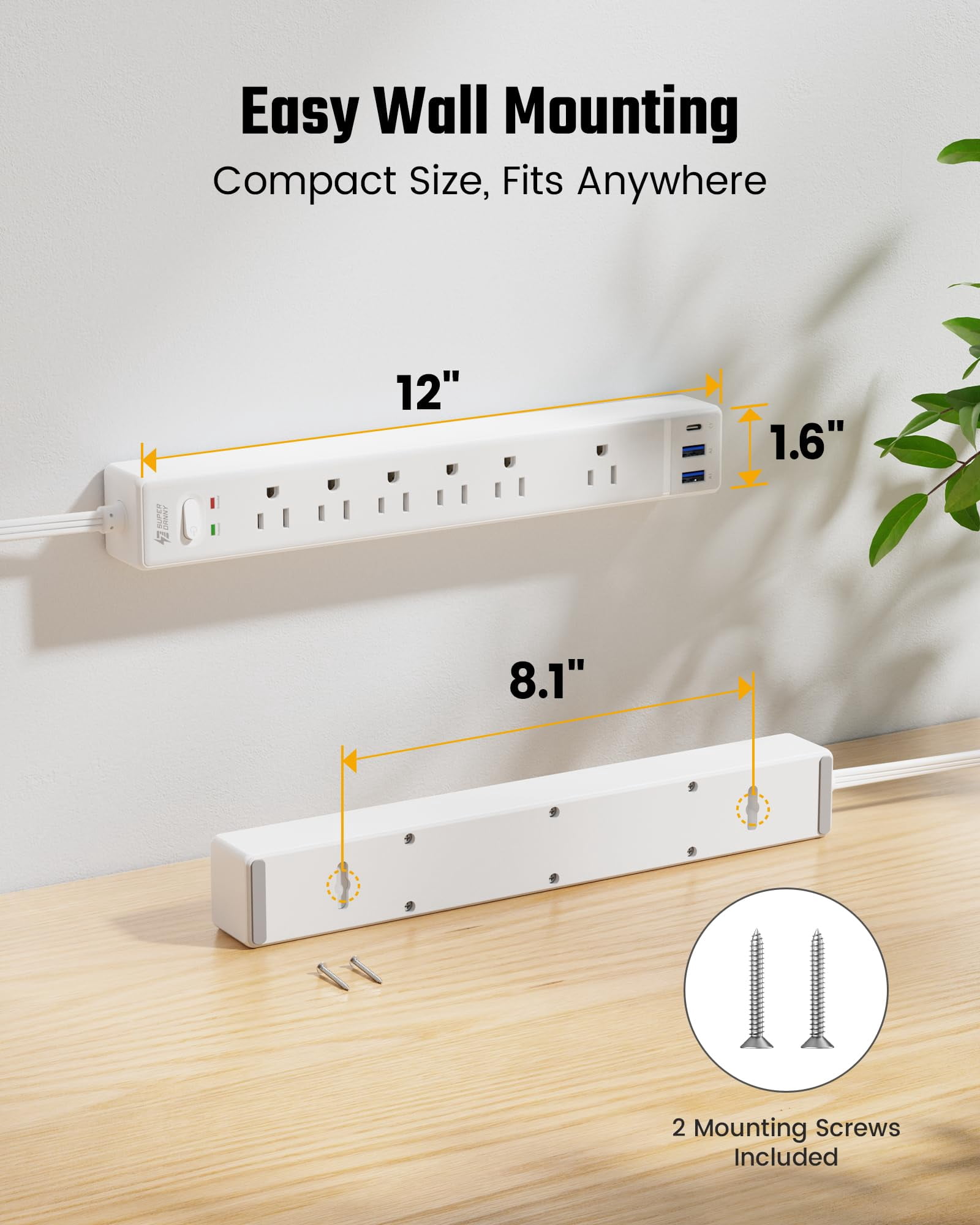 20ft Long Extension Cord  Flat Plug Surge Protector Power Strip 20 Feet 6 Outlets & 3 Usb Ports Wall Mountable Bar For Home Office Dorm Room