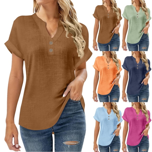 HBGVBA Women's Linen Tops Summer Short Sleeve Casual V Neck Trendy T-Shirts Ladies Relaxed Fitted Tops