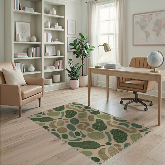 ODIKA 4'x6' Olive Green Tufted Sage Washable Area Rug Abstract With Modern Leaf Motifs Ornamental Non-Slip, Chair-Friendly, Flatwoven for Home Office, Under Desk