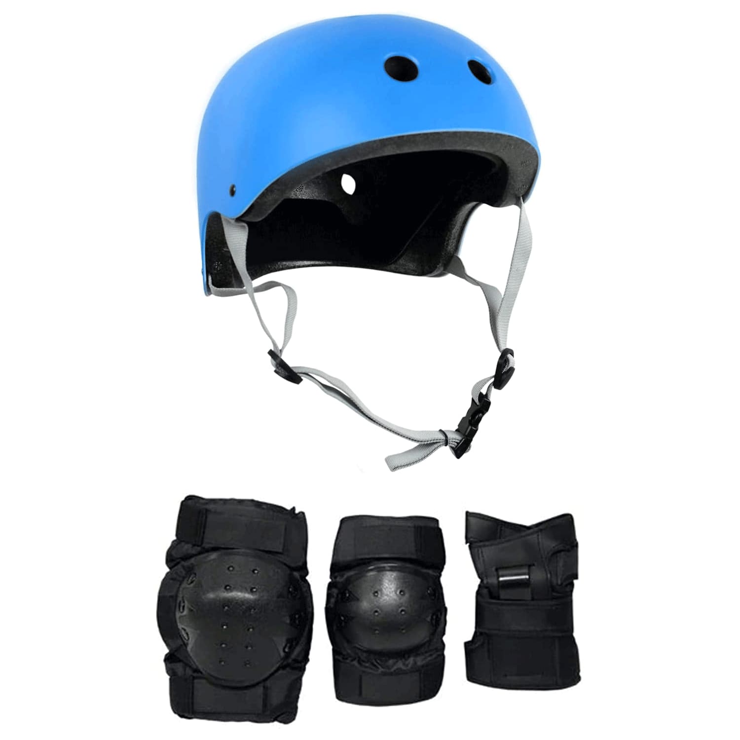 MELLO Matt Black Skateboard Helmet with 6pcs Protection Set Elbow Knee & Wrist Pads
