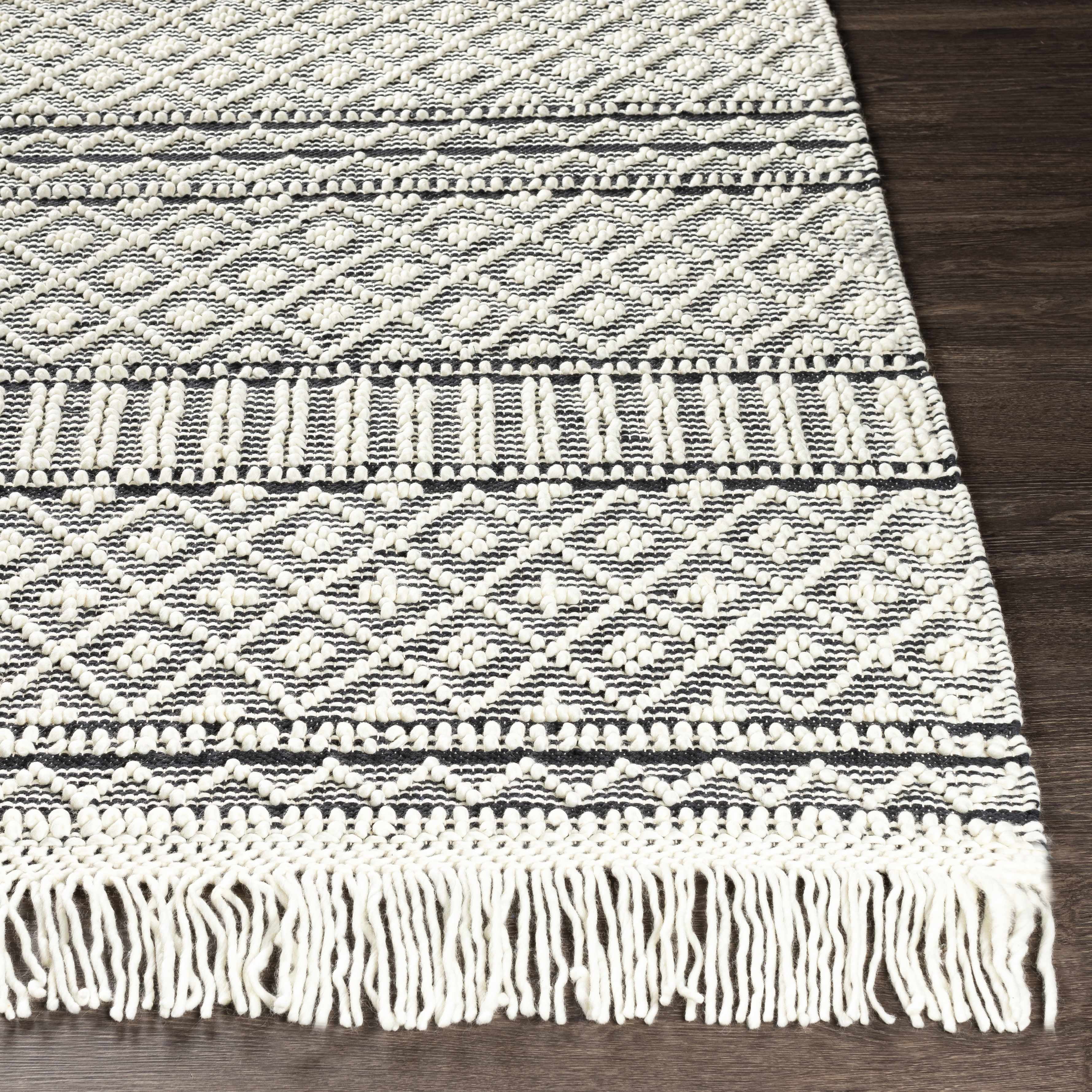 Hauteloom Leon Boho Moroccan Farmhouse Living Room Bedroom Wool Area Rug - Trellis Handmade Bohemian Carpet - Black, White - 8' x 10'