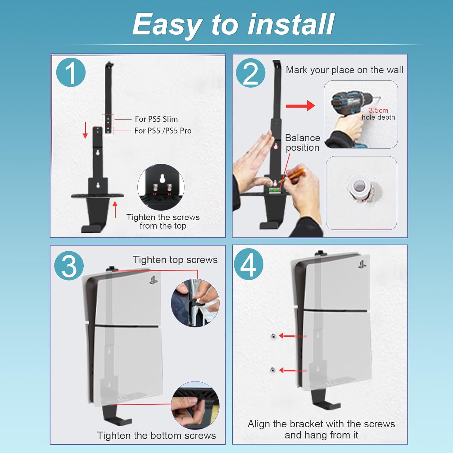 PS5 Wall Mount, Heavy-Duty Steel Mount Kit for Protection & Cooling with 2 Controller Holder and Headset Holder,Compatible with All PS5 Models Including Slim, Pro, Original, Black