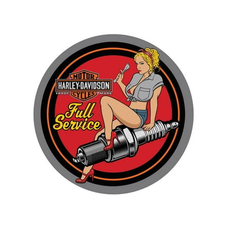 Harley-Davidson Spark Plug Babe Embossed Tin Sign, 14 inch diameter 2011371, Harley