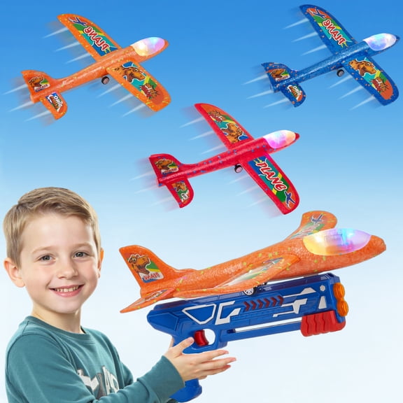 3 Pack Airplane Launcher Toys, Foam Glider Airplane with LED Light & Dinosaur Stickers, Catapult Plane Toy for Boys, Outdoor Flying Toys Gifts for 3-12 Years Old Kids