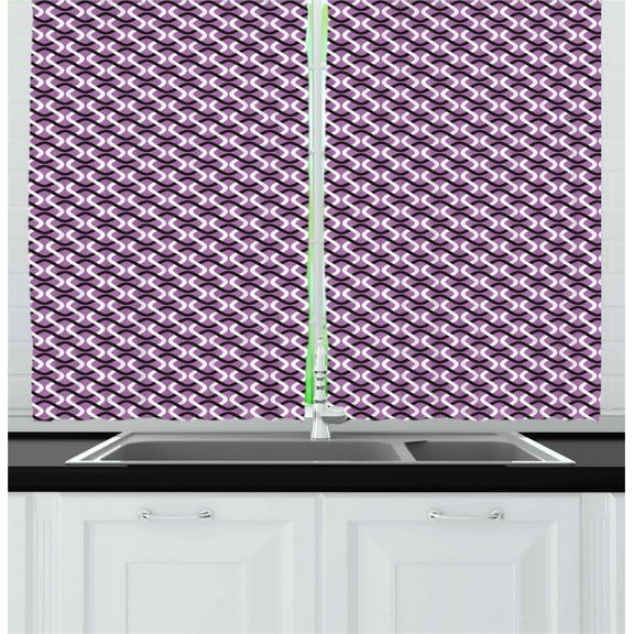 Abstract Curtains 2 Panels Set, Interlocking Stripes Wave Style Composition on Violet Toned Background, Window Drapes for Living Room Bedroom, 55W X 39L Inches, Violet Black White, by Ambesonne