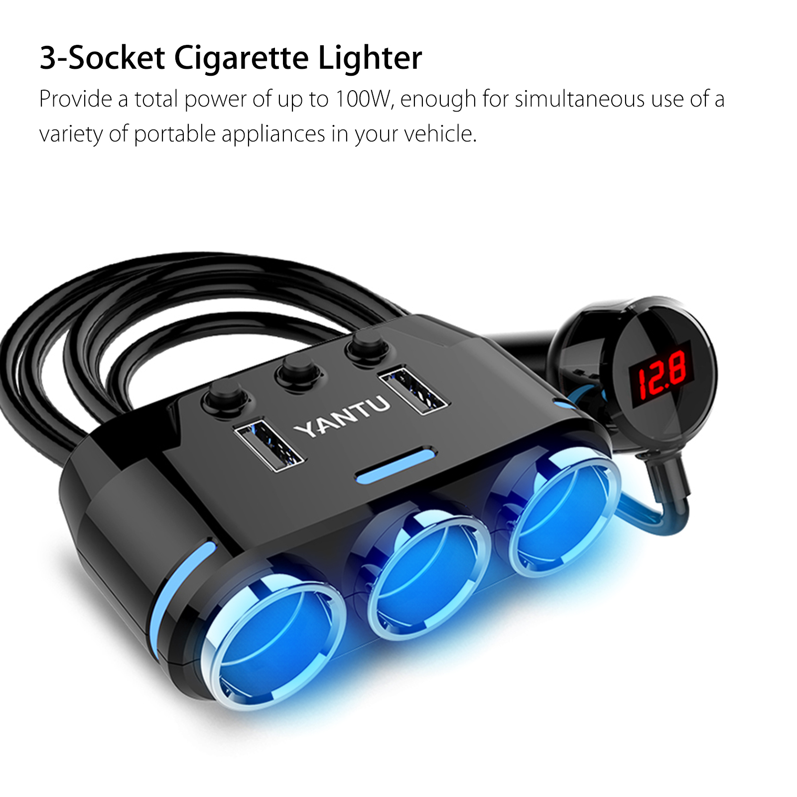 TSV 3-Way Cigarette Lighter Splitter with 2 USB Charger, 12/24V photo 3