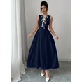 thumbnail image 6 of Navy Blue Sleeveless A-Line Maxi Dress With Contrast Tie Neck, Ruched Waist, Elegant Daily Wear, 6 of 8
