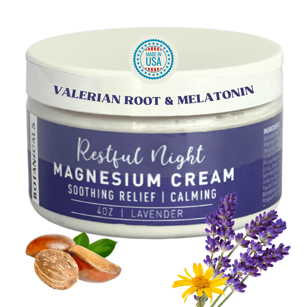 Botanicals Restful Night Magnesium Cream, Apply to Arms, Legs, Chest or Back with Valerian Root & Melatonin, Lavender Scented, 4 oz, Natural Soothing Relief, Made in the USA