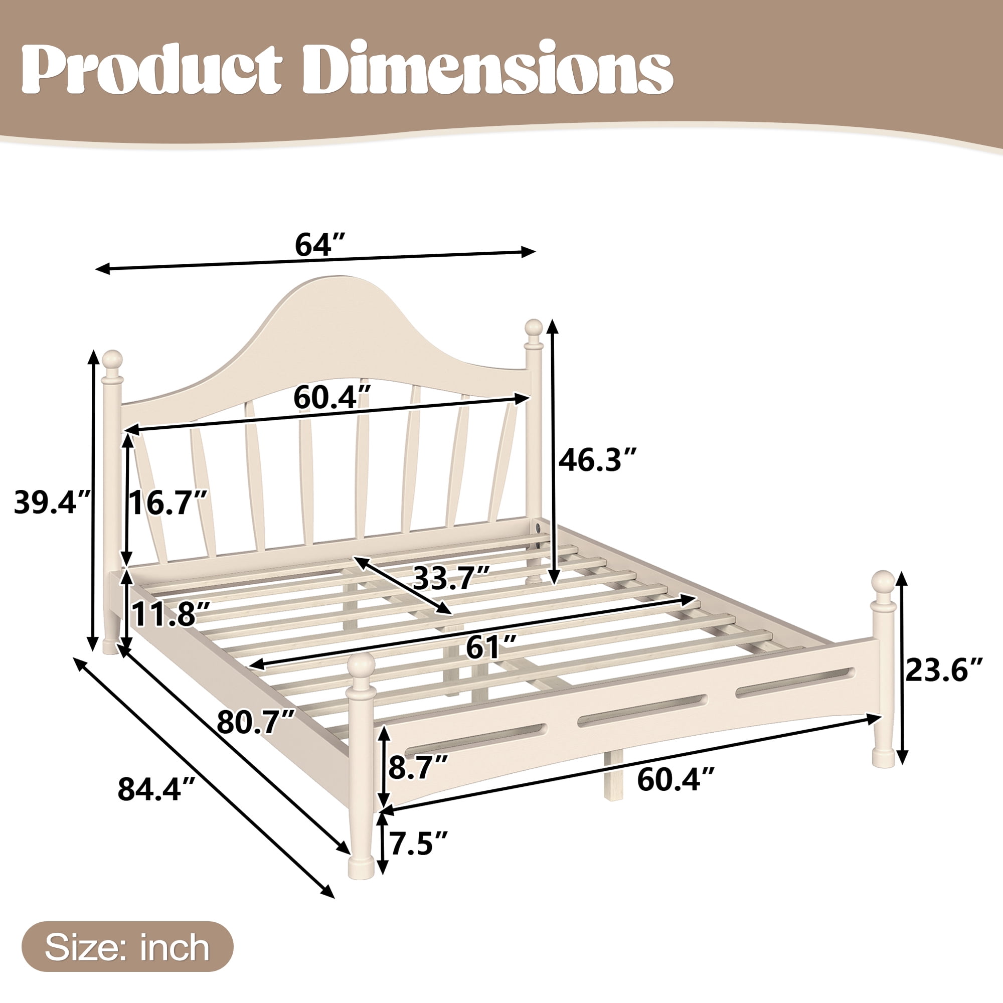Leumius Queen Size Platform Bed with Chic Headboard, Solid Wood Bed Frame with Slatted Support, Low to Ground Design for Bedroom Beige