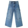 thumbnail image 1 of KIDSCOOL SPACE Big Girls' Wide-leg Jeans, Elastic Band Inside Big Patchwork Flared Denim Pants,Light Blue,10, 1 of 5