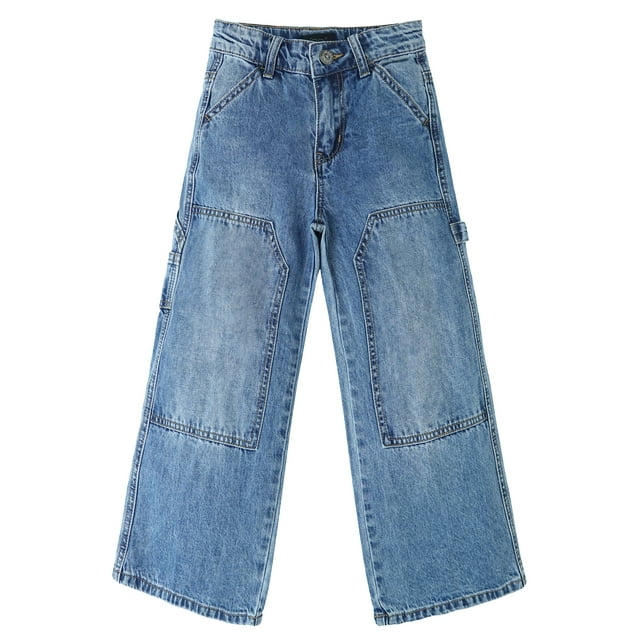 KIDSCOOL SPACE Big Girls' Wide-leg Jeans, Elastic Band Inside Big Patchwork Flared Denim Pants,Light Blue,10
