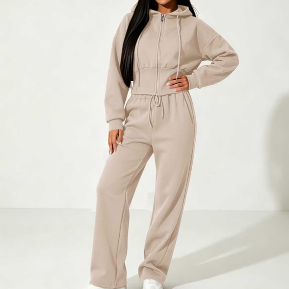 Holzkary Women's Full Zip Hoodie Sweatpants 2 Piece Fall Winter Tracksuit Set Long Sleeve Drawstring Hood and Wide Leg Pants Travel Airport Outfits Gym Athleisure Workout Set Beige L