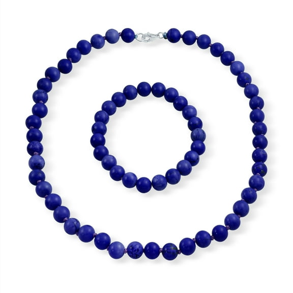 Bling Jewelry Womens Classic Simulated Blue Lapis Lazuli 7MM Beads Strand Necklace & Bracelet Set