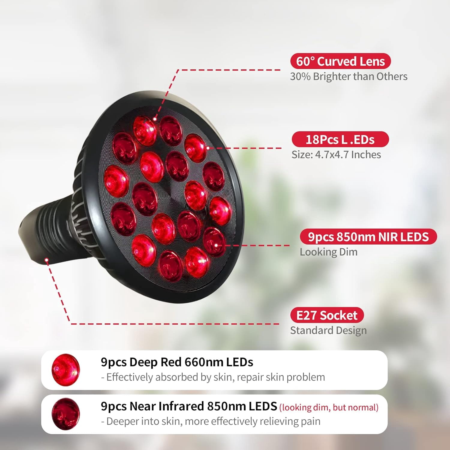 Red Light  Lamp with Stand for Body and Face 36 Dual-Chips 660nm Red and 850nm Near Infrared Red Light  Device, with Adjustable Tripod, Timer and Goggles