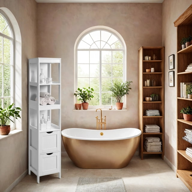VASAGLE Armario de Baño, Almario Independiente, Armario Alto y Estrecho, 30 x 30 x 141.5 cm, 2 Cajones, 3 Estantes Abiertos, Blanco