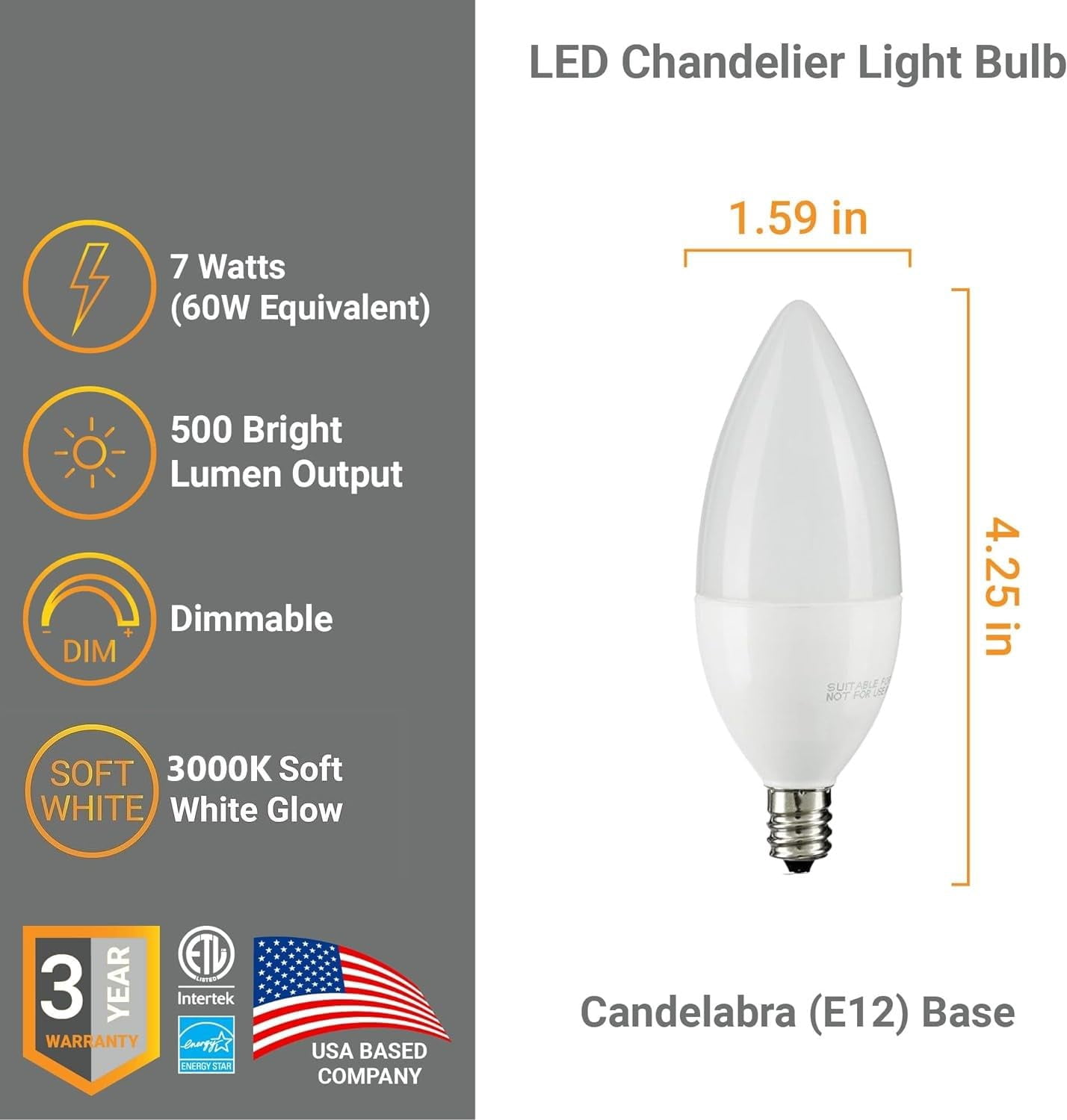 Diodesy- Pack of 6 CTF/LED/7W/30K E12 LED Candelabra Chandelier Light Bulb, Dimmable Frosted Torpedo Tip, 3000K Soft White, 7W (60 Watt EQ), CRI83, B12 Filament Candle Bulb, 500LM, 270? Beam, ETL