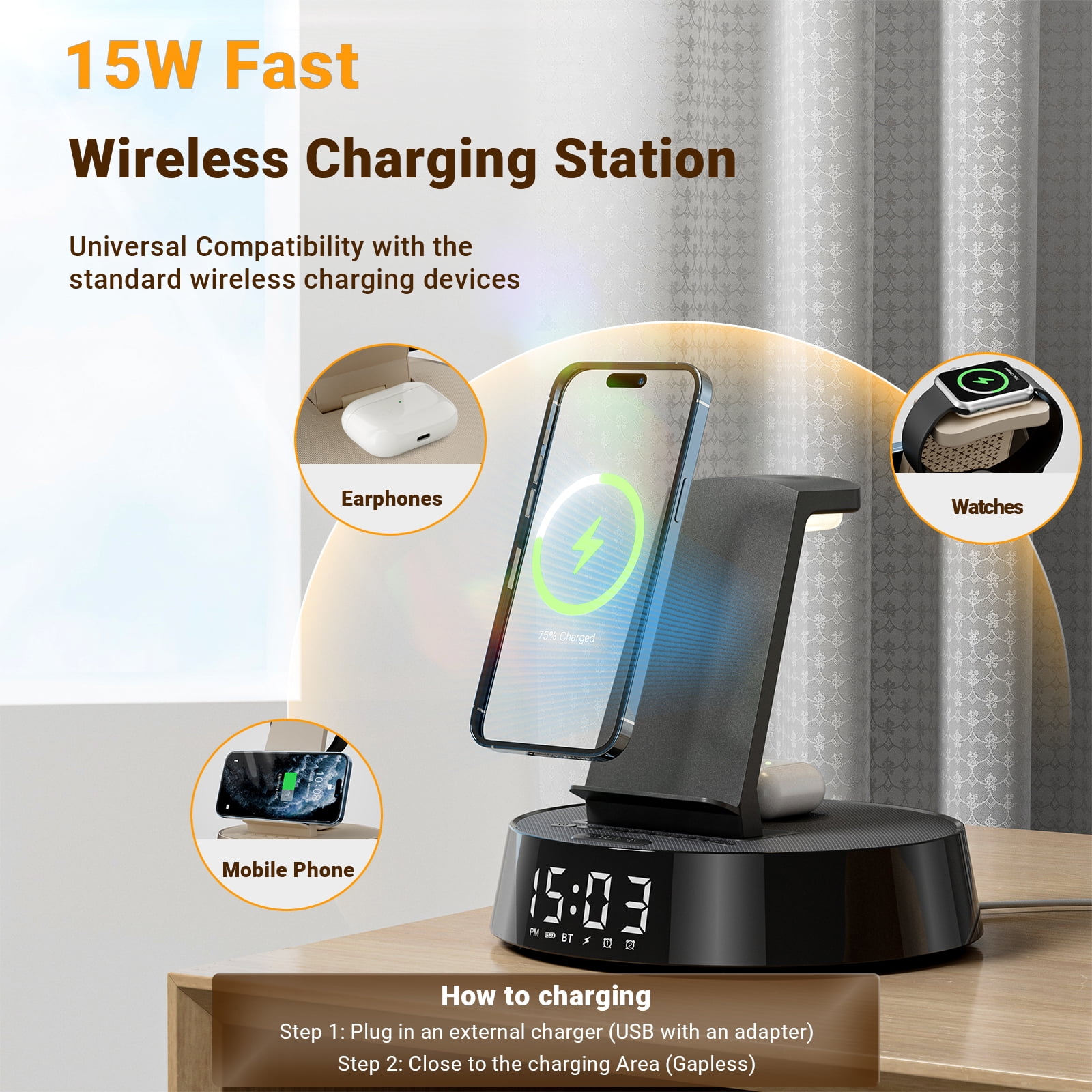 7-in-1 Wireless Charging Station For iPhone, Apple Watch, AirPods & Bluetooth Speaker Alarm Clock Dimmable Night Light Black