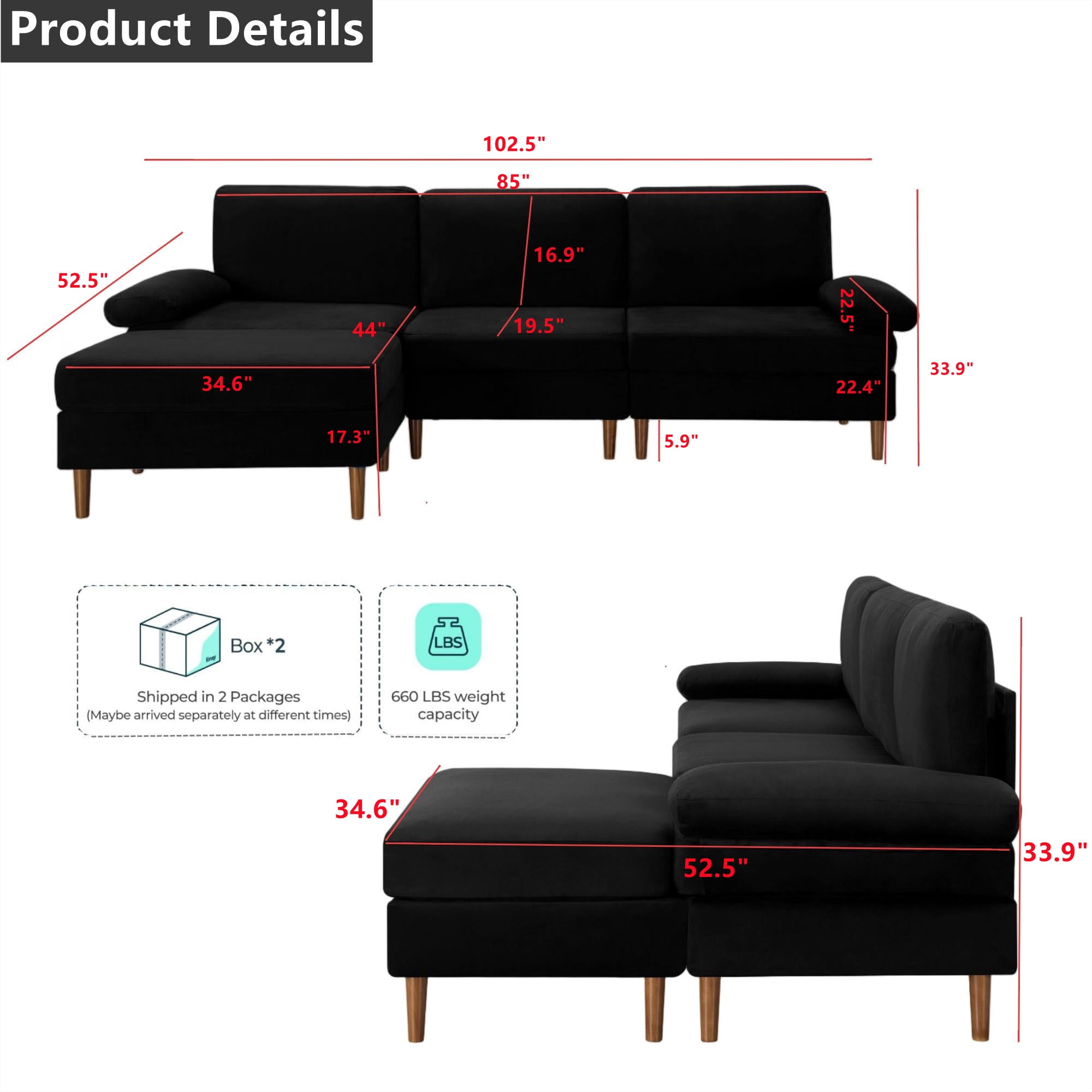 Aukfa 100" Velvet Sectional Sofa Modular Couch with Chaise for Living Room, Black