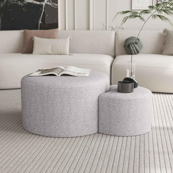 Modern Nesting Ottoman Set, 2-Piece Upholstered Footrest and Coffee Table Combo, Soft Gray Fabric, Ideal for Living Room, Bedroom, or Office