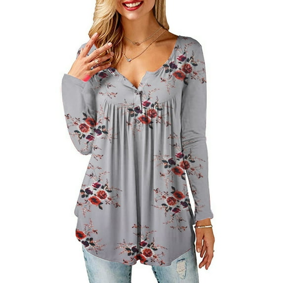 Hymorin Floral Print Women Pleated Buttons Round Neck Long Sleeve Tops