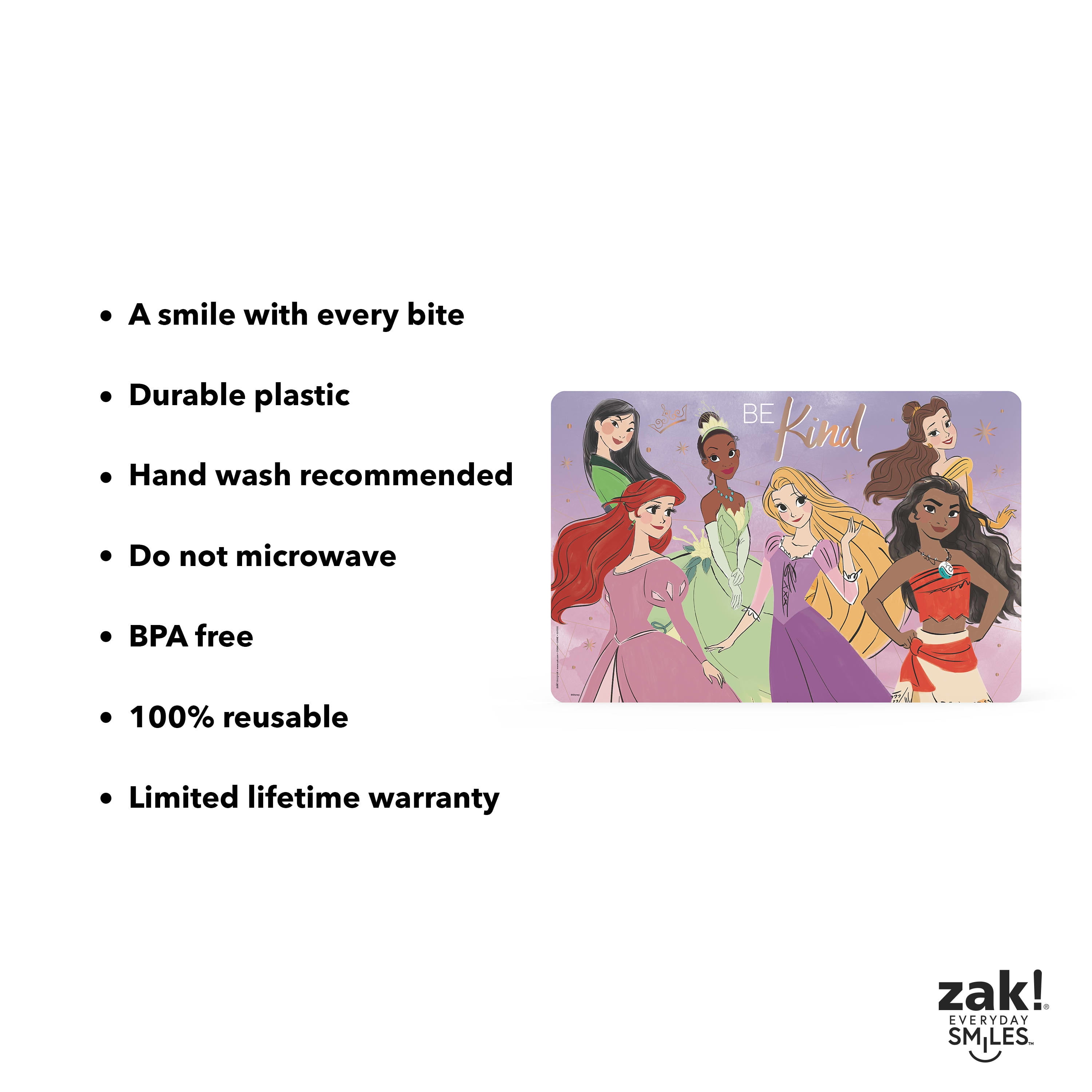 Zak Designs 11.8" x 17.6" Princess Reusable Plastic Kids Placemat, Disney Princess