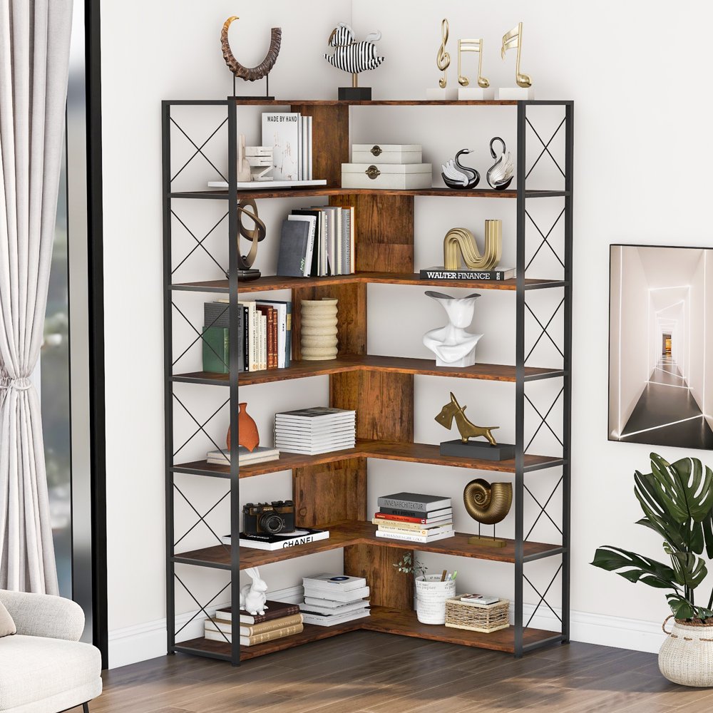 Hassch Industrial 7Tier Bookcase Home Office Bookshelf, LShaped