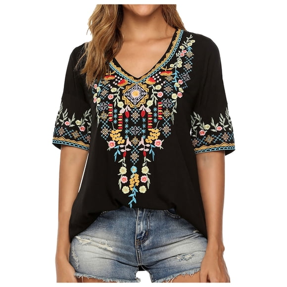 Embroidered Tops For Women Summer Short Sleeve Boho Shirts Blouses Loose Fitting Bohemian Top Hippie Clothes Plus Size Tops Black Xxxl