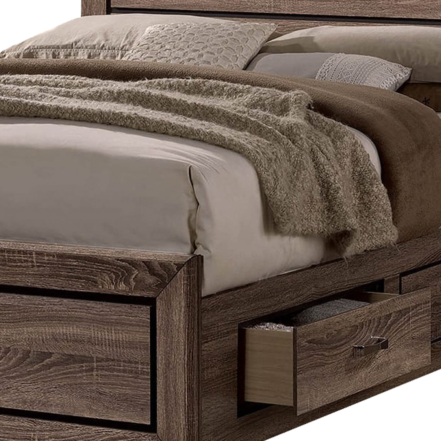 Benjara Wooden Queen Size Bed with 4 Spacious Side Rail Drawers, Dark Brown