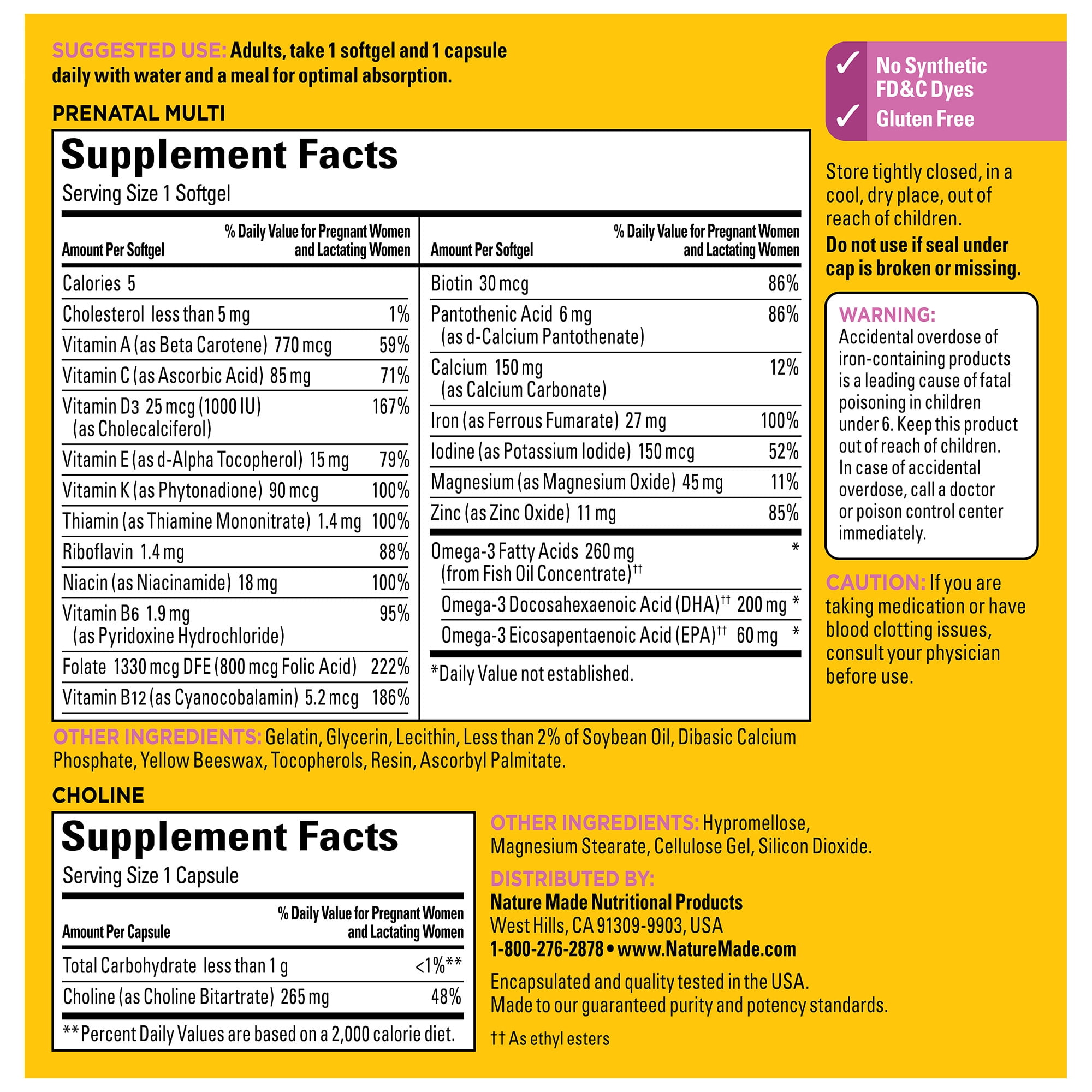Nature Made Prenatal Vitamins Softgels + Choline Supplement Capsules, 70 Count