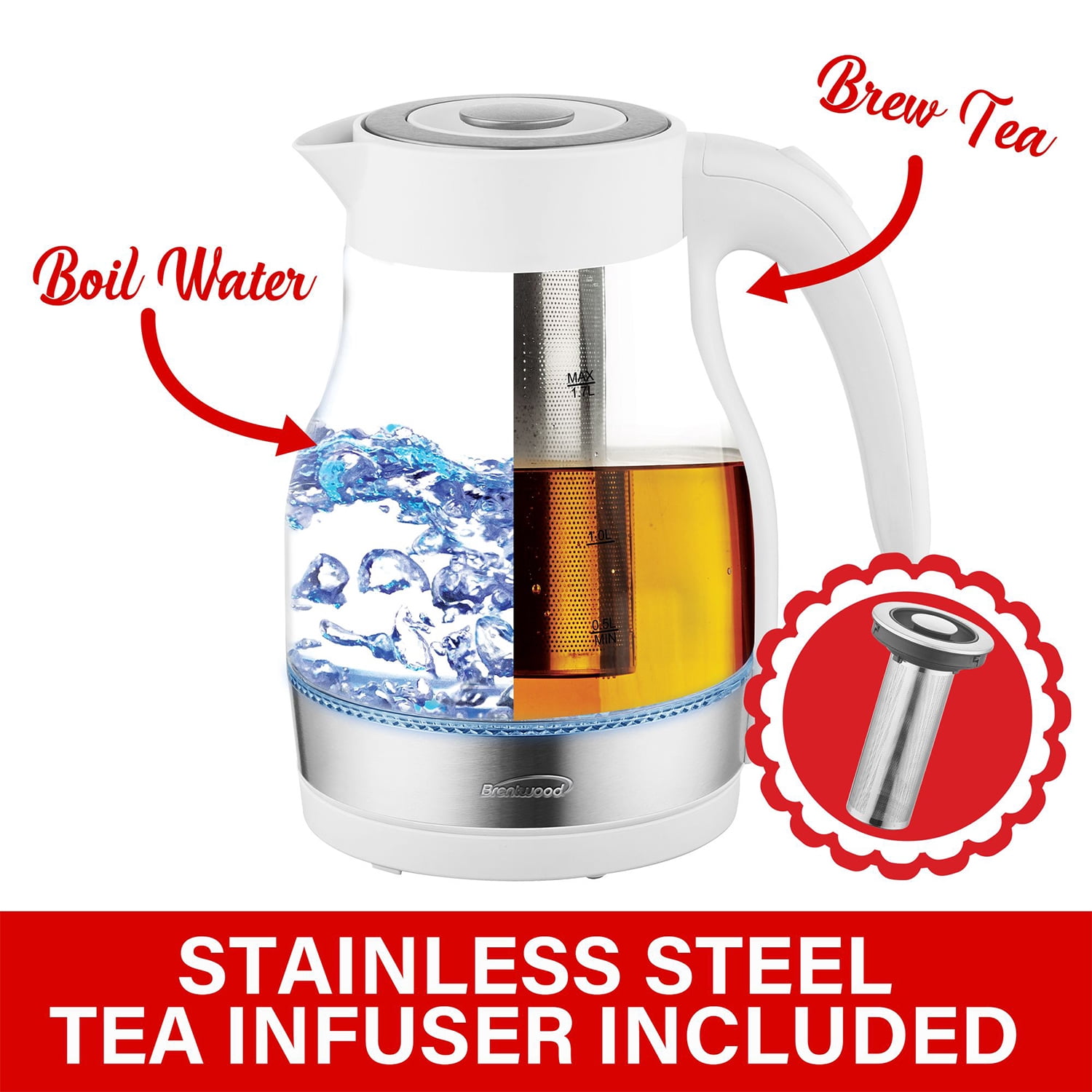 Brentwood Glass 1.7 Liter Electric Kettle with Tea Infuser in White