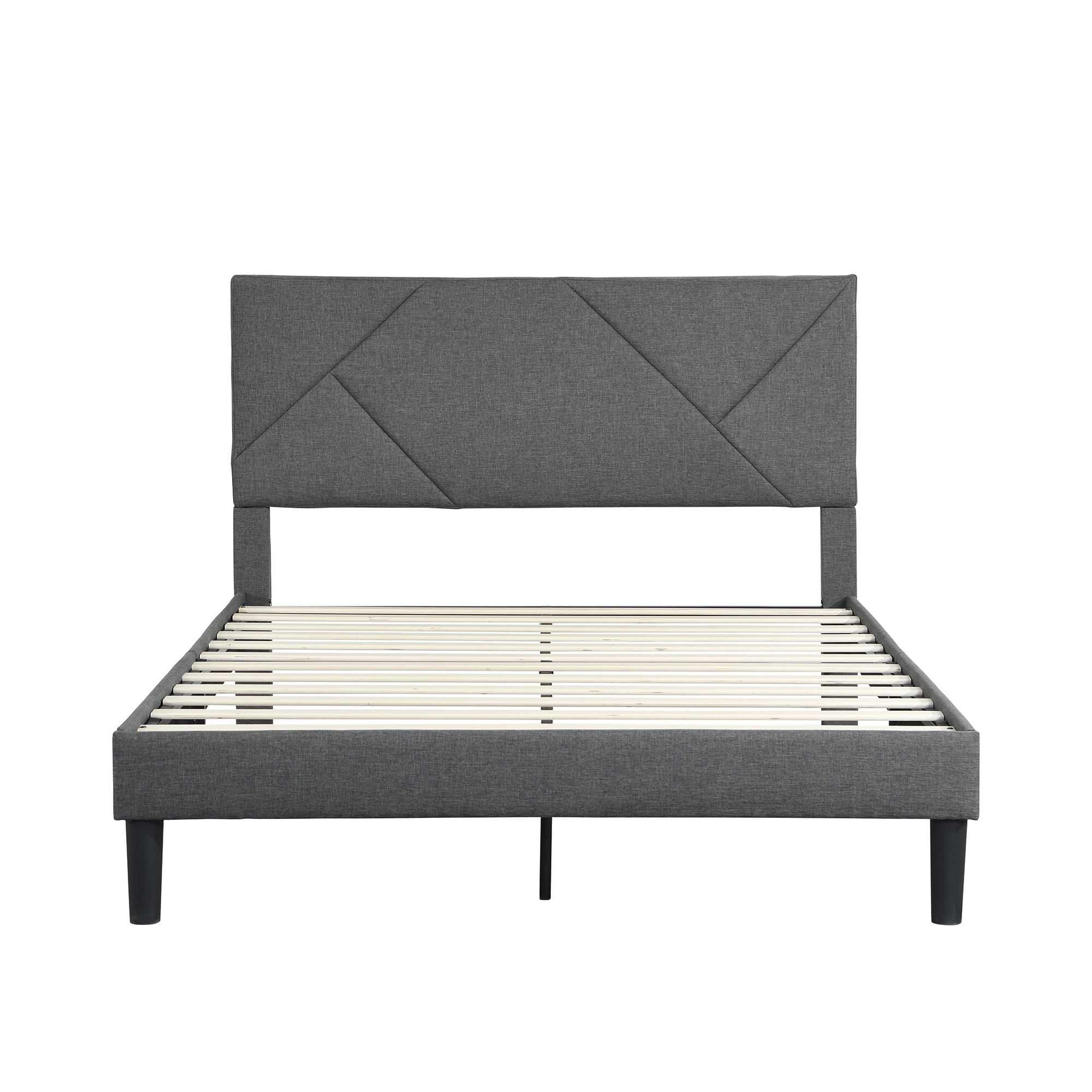 ASINMAK Queen Size Gray Upholstered Platform Bed Frame, Fabric Headboard, Wooden Slats, No Box Spring Needed