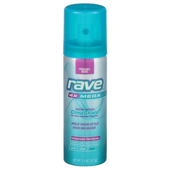 Rave Hairspray 4x Mega Aerosal sin perfume Tamaño Trave 1.5 oz Paquete de 6