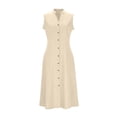 thumbnail image 6 of BLTIBY Women's V Neck Dresses Button Down Sleeveless Elegant Pleated Swing Denim Midi Midi Dress Casual Dresses Beige M, 6 of 8