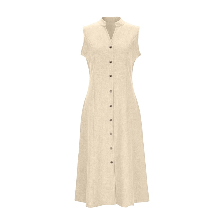 Bltiby Women's V Neck Dresses Button Down Sleeveless Elegant Pleated Swing Denim Midi Midi Dress Casual Dresses Beige 3XL
