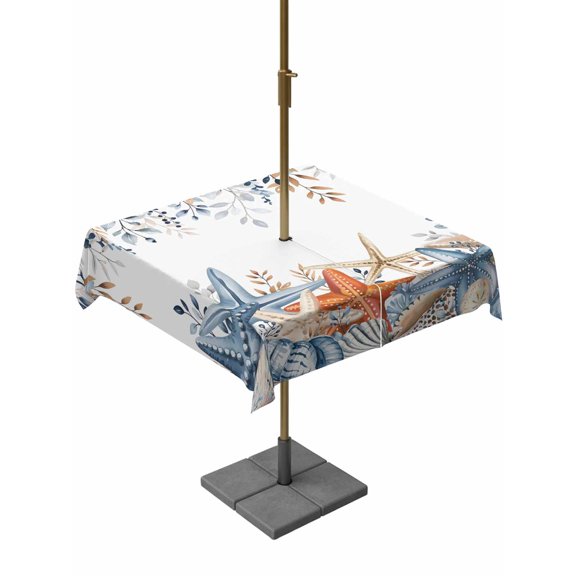 Outdoor Tablecloths with Umbrella Hole & Zipper, Blue Coastal 54x54 Inch Square Tablecloths, Summer Beach Starfish Weeping Eucalyptus Waterproof Table Cloth, Patio/Pool/Picnic Table Covers