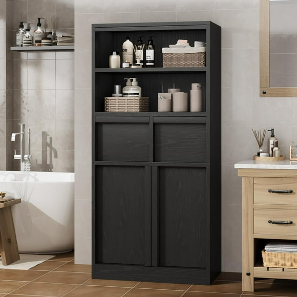 Tall Bathroom Cabinet, Floor Storage Cabinet with Doors & 2 Drawers, 51" H Tall Organizer Cabinet Freestanding for Bathroom, Living Room, Kitchen & Pantry (Black)