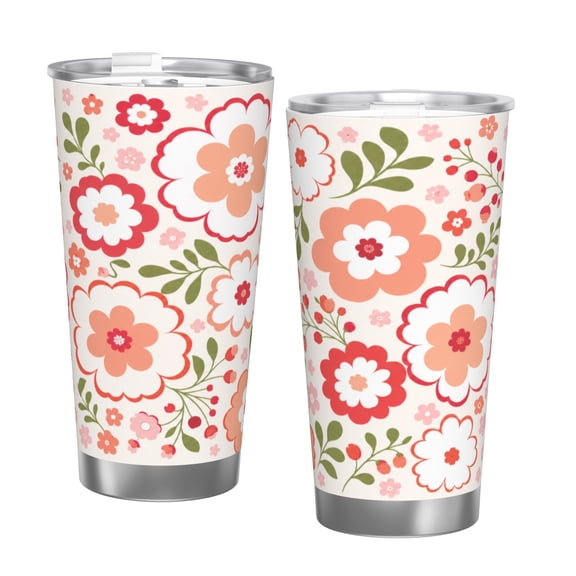 20oz Red Floral Pattern Insulated Tumbler with Handle and Straw Travel Cup Boho Flower Coffee Cup Gift with Single Silver Rim